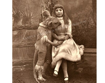 Victorian Photo Big Mouse and Young Girl Sit Strange Photo Weird Spooky Creepy Freaky Horror Scary Sepia Vintage Photo Print Photograph 72A