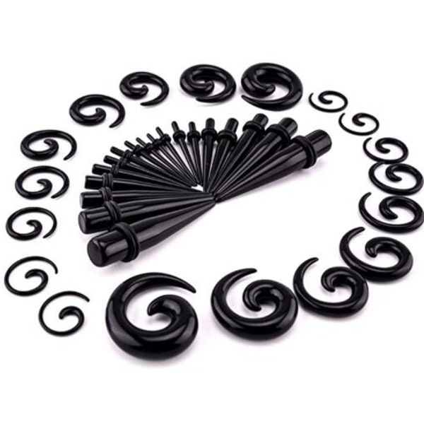 Ear Gauging Kit Black Spiral Tapers with Plugs Spot Spiral Ear Stretching Set Eyelet Tunnels Plugs 54 PCS 14G-00G Ear Sizes - FREE Shipping