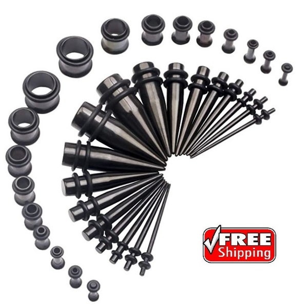 Black Stainless Steel Tapers with Plugs Set Ear Stretching Kit Eyelet Tunnels Plugs (36 PCS) Ear Gauging Kit 14G-00G Ear Stretching Sizes