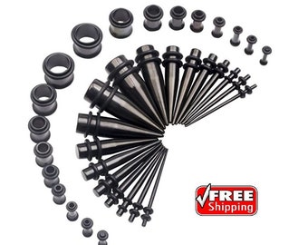 Black Stainless Steel Tapers with Plugs Set Ear Stretching Kit Eyelet Tunnels Plugs (36 PCS) Ear Gauging Kit 14G-00G Ear Stretching Sizes