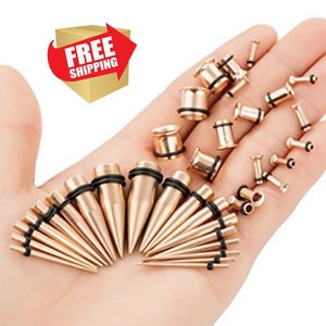 Rose Gold Ear Stretching Kit Surgical Steel Tapers with Plugs Set Eyelet Tunnels Plugs (36 PCS) Ear Gauging Kit 14G-00G Ear Stretching Sizes