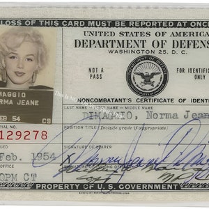 Marilyn Monroe 1954 DOD ID (Norma Jeane Dimaggio) Dept Of Defense Driver ID Collectors Item Blonde Bombshell Glossy Photo Vintage Print 9457