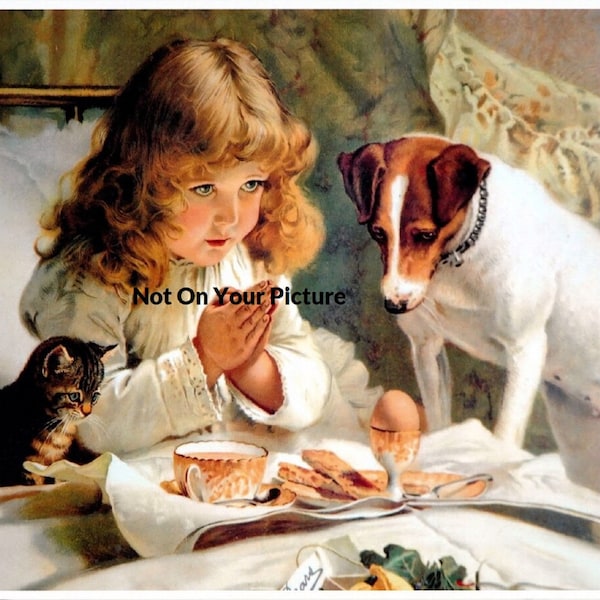 CHARLES BARBER Cute Little Girl Praying Pet Jack Russell Terrier Dog Suspense Vintage Lovable Art Cat Photo Color Picture Print 8565
