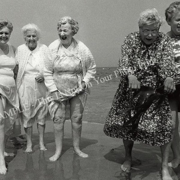 Old Ladies Having Fun At the Beach Laughing Photo Women Ocean Outdoor Photo Old Woman Funny Strange Crazy Vintage Photo Print Poster 043