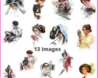 Harrison Fisher Vintage Flapper Girl Illustration Vintage Edwardian Clipart Art JPG Files PNG Files Decor Instant Digital Download Printable