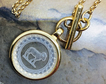 ARIES intaglio zodiac, carved glass 22mm pendant, vintage stone set in house.