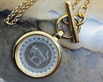 TAURUS intaglio zodiac, carved glass 22mm pendant, vintage stone set in house.