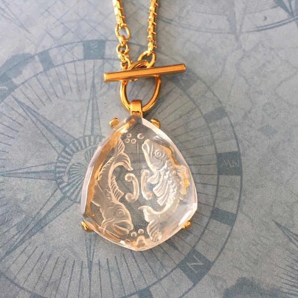 PISCES rare vintage German intaglio glass zodiac carved glass pendant