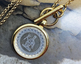 AQUARIUS intaglio zodiac, carved glass 22mm pendant, vintage stone set in house.