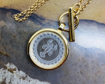 CANCER intaglio zodiac, vintage carved glass 22mm pendant,  personalized gift.
