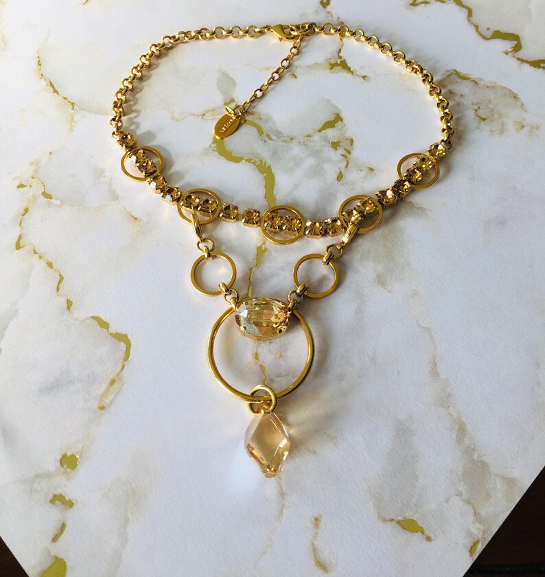 Gold Plated Crystal Necklace, One of a Kind, Detachable Drop, 2 in 1