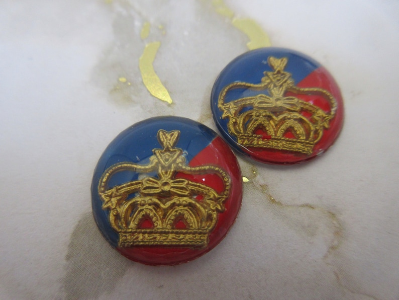 Glass vintage cabochon intaglio, Coronation theme from 1950's, 2 styles Crown 18mm - 2pcs