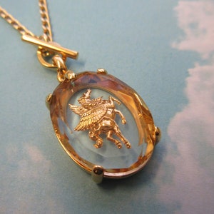 Rare vintage Pegasus German intaglio toggle pendant necklace, 30/22mm, carved glass