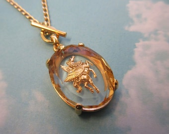 Rare vintage Pegasus German intaglio toggle pendant necklace, 30/22mm, carved glass