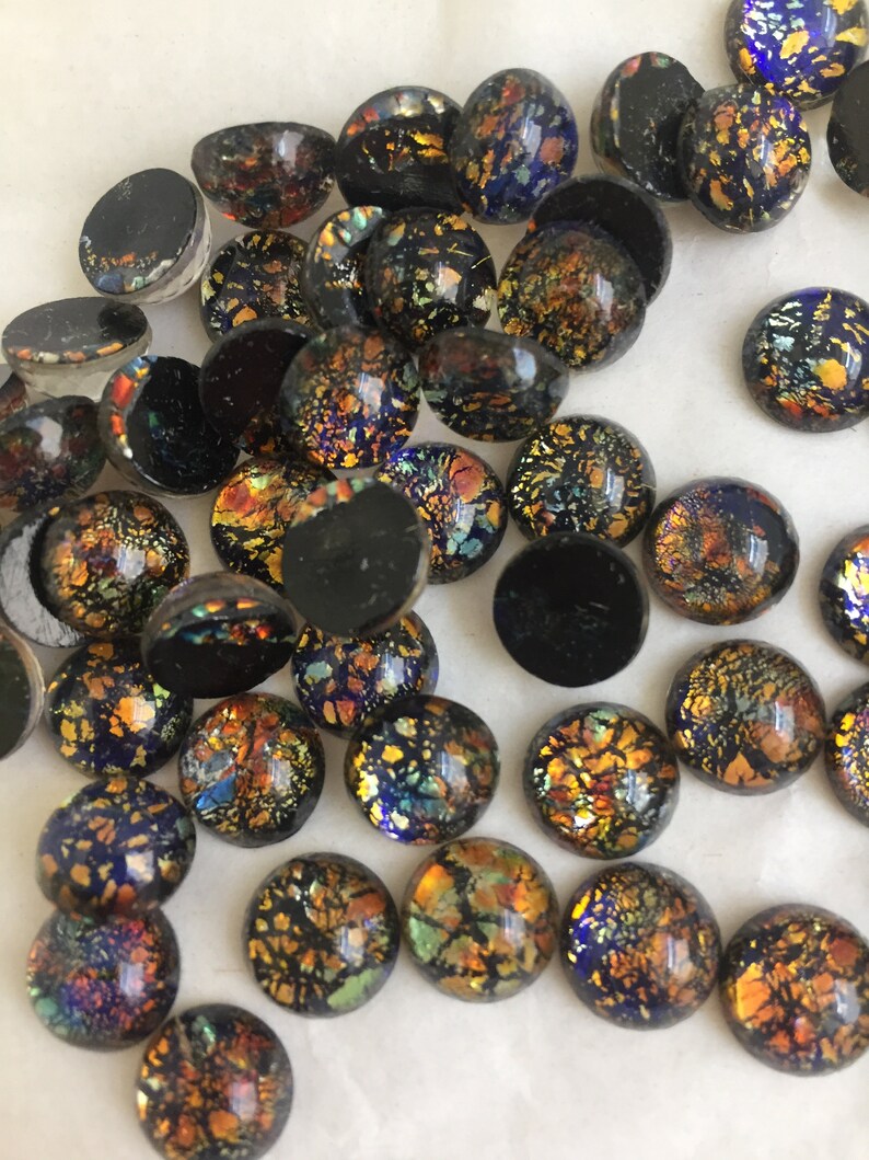 Vintage 10mm opal glass cabochon, made in West Germany and Czech Republic between 1950 and 1970; 6 colours sold in various quantities. Black opal