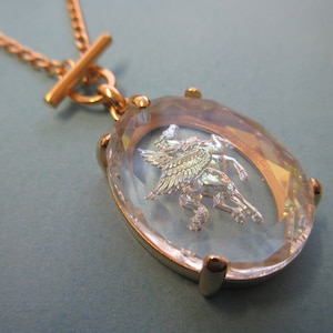 Vintage rare Pegasus German intaglio glass toggle pendant necklace, 30/22mm , carved glass