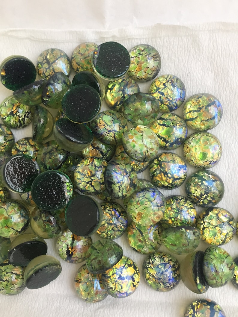 Vintage 10mm opal glass cabochon, made in West Germany and Czech Republic between 1950 and 1970; 6 colours sold in various quantities. Green opal