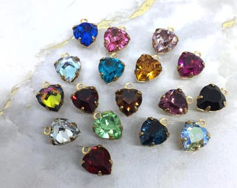Swarovski crystal heart 8/8.8 mm drop in brass setting, Article #4800 made by Swarovski in 1980's, dangle, embellishment, accent, charm.