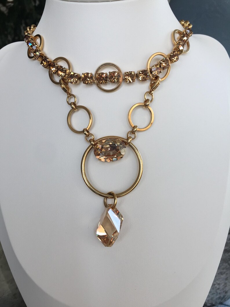 Gold Plated Crystal Necklace, One of a Kind, Detachable Drop, 2 in 1