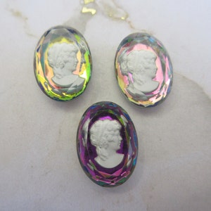 Vintage glass  intaglio stone, reverse carved,  classic Cameo female head motif 25/18mm, made in West Germany 1970&#39;s
