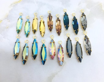 Vintage Swarovski 15/4mm crystal navette drop, charm in brass setting, Article #4200, 8 colors, stones are in perfect condition.