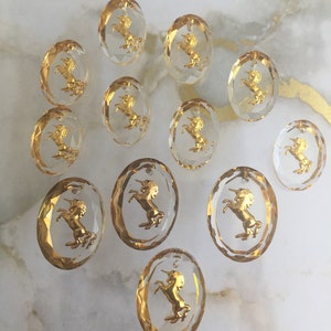 Vintage Unicorn carved intaglio glass gold pendant drop, charm,18/13mm & 14/10mm, made in Germany circa 1970-80&#39;s