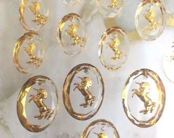 Vintage Unicorn carved intaglio glass gold pendant drop, charm,18/13mm & 14/10mm, made in Germany circa 1970-80's