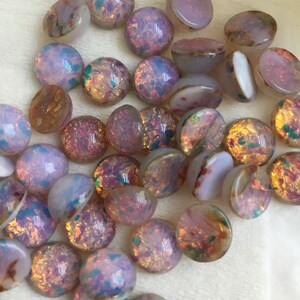 Vintage 10mm opal glass cabochon, made in West Germany and Czech Republic between 1950 and 1970; 6 colours sold in various quantities. Harlequin