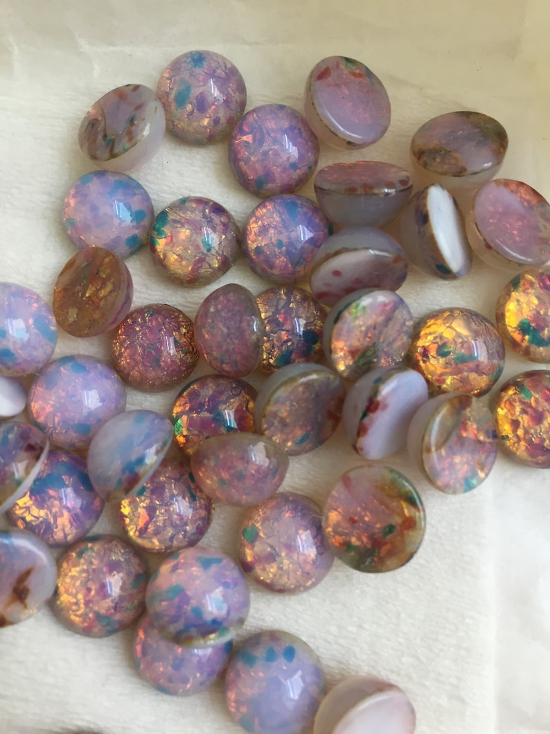 Vintage 10mm opal glass cabochon, made in West Germany and Czech Republic between 1950 and 1970; 6 colours sold in various quantities. Harlequin