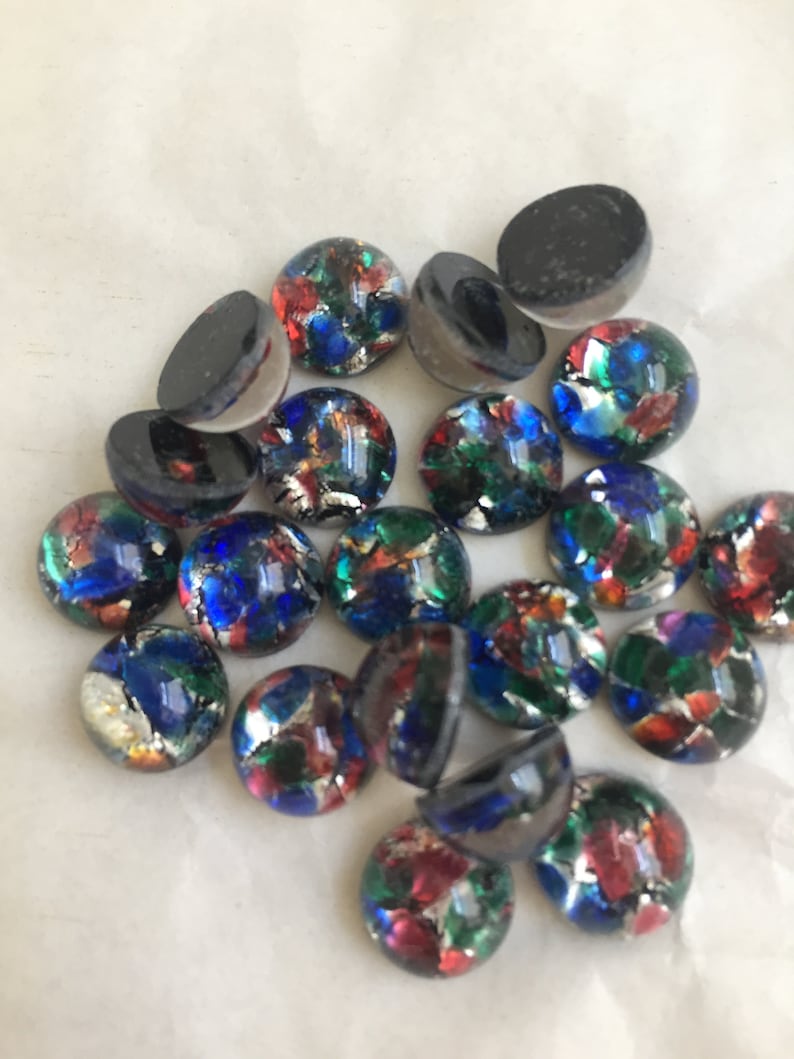 Vintage 10mm opal glass cabochon, made in West Germany and Czech Republic between 1950 and 1970; 6 colours sold in various quantities. Iris multicolor