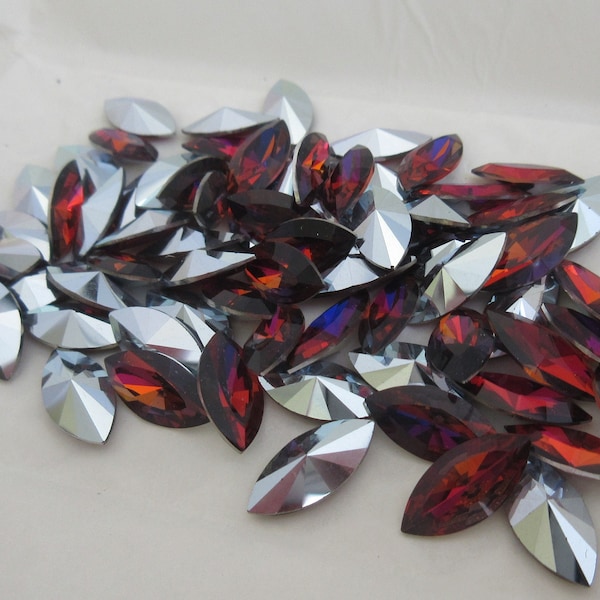 Volcano Rose vintage 15/7mm crystal navette by Swarovski, 6pcs, custom color from early 1960's