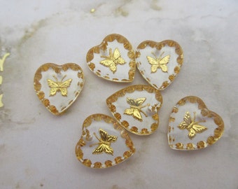 Hand made German glass intaglio pendant drop, Butterfly gold, 15/14 & 12/11, 2pcs, made in 1970's