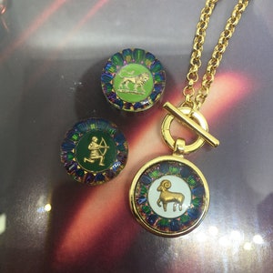 Vintage ARIES, LEO and SAGITTARIUS zodiac toggle pendant necklace, intaglio glass, Fire signs