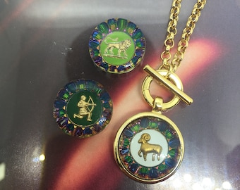 Vintage ARIES, LEO and SAGITTARIUS zodiac toggle pendant necklace, intaglio glass, Fire signs