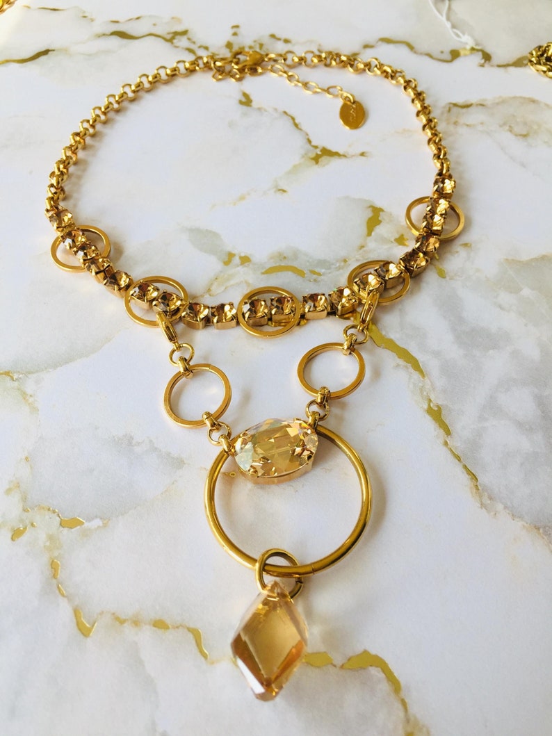 Gold Plated Crystal Necklace, One of a Kind, Detachable Drop, 2 in 1