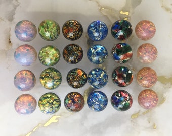 Vintage 10mm opal glass cabochon, made in West Germany and Czech Republic between 1950 and 1970; 6 colours sold in various quantities.