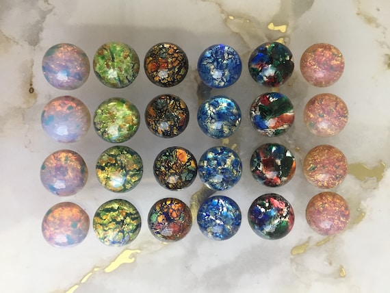 Vintage 10mm opal glass cabochon, made in West Germany and Czech Republic between 1950 and 1970; 6 colours sold in various quantities.