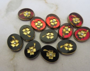 Carved rose glass vintage cabochon, 10/8mm, 6pcs, made in Germany in 1970's