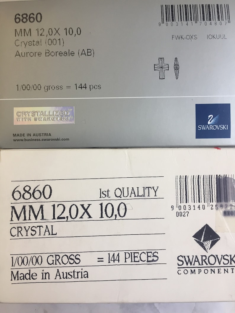 May include: A white box with the text "6860 MM 12,0X 10,0 CRYSTAL 1/00/00 GROSS = 144 PIECES Made in Austria" and the logo "SWAROVSKI COMPONENT".
