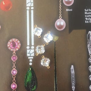 May include: An assortment of jewelry pieces, including earrings and pendants, are displayed against a brown background. The earrings feature pink pearls, clear crystals, and green teardrop-shaped stones. The word "Mimi" is visible.