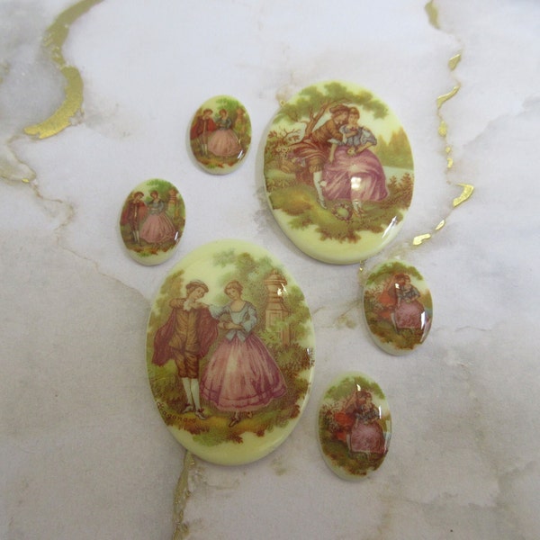 Retro Romantic period cabochon  cameos, 40/30mm and 18/13mm,  based on old paintings, made in Czech Republic