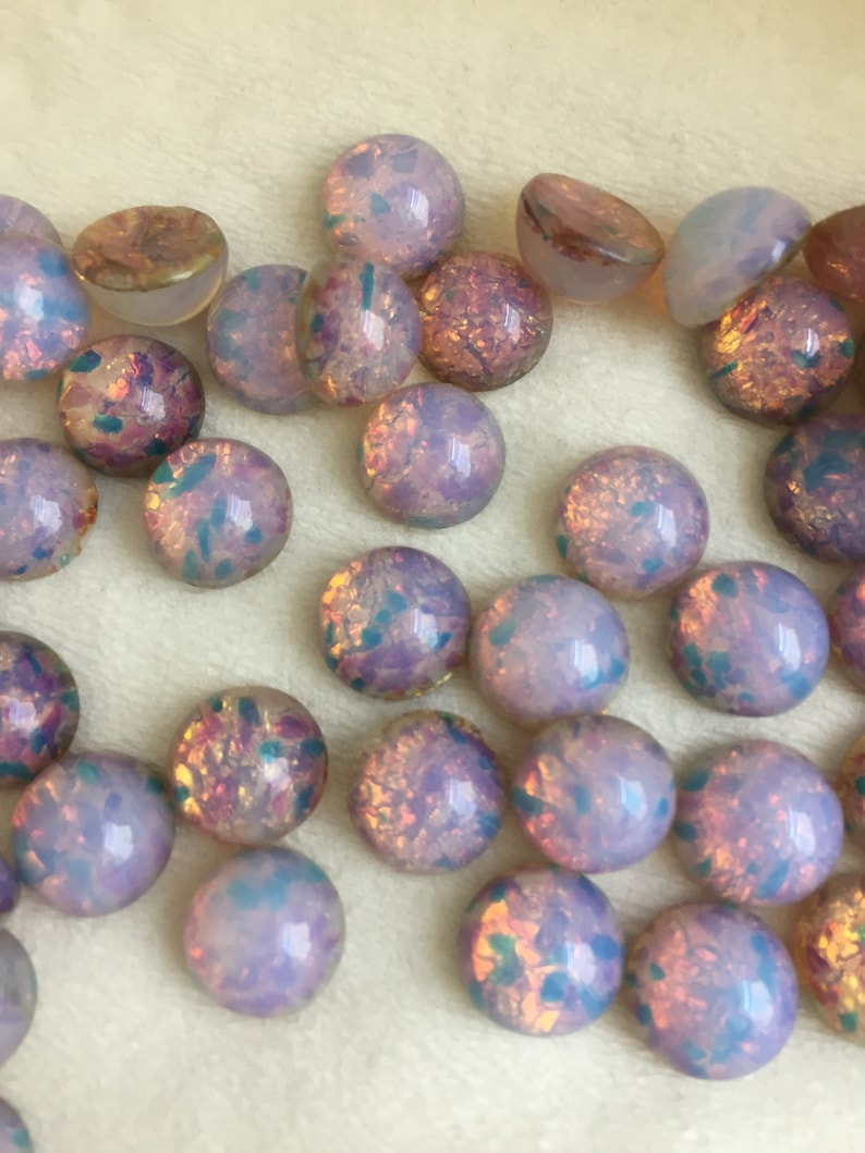 Vintage 10mm opal glass cabochon, made in West Germany and Czech Republic between 1950 and 1970; 6 colours sold in various quantities. Silver opal