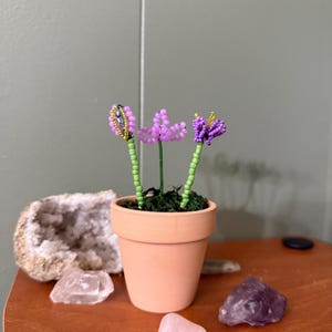 May include: A small terracotta pot with three beaded flowers in shades of purple, yellow, and green. The flowers are set in green moss. The pot sits on a wooden surface with various crystals and a geode.