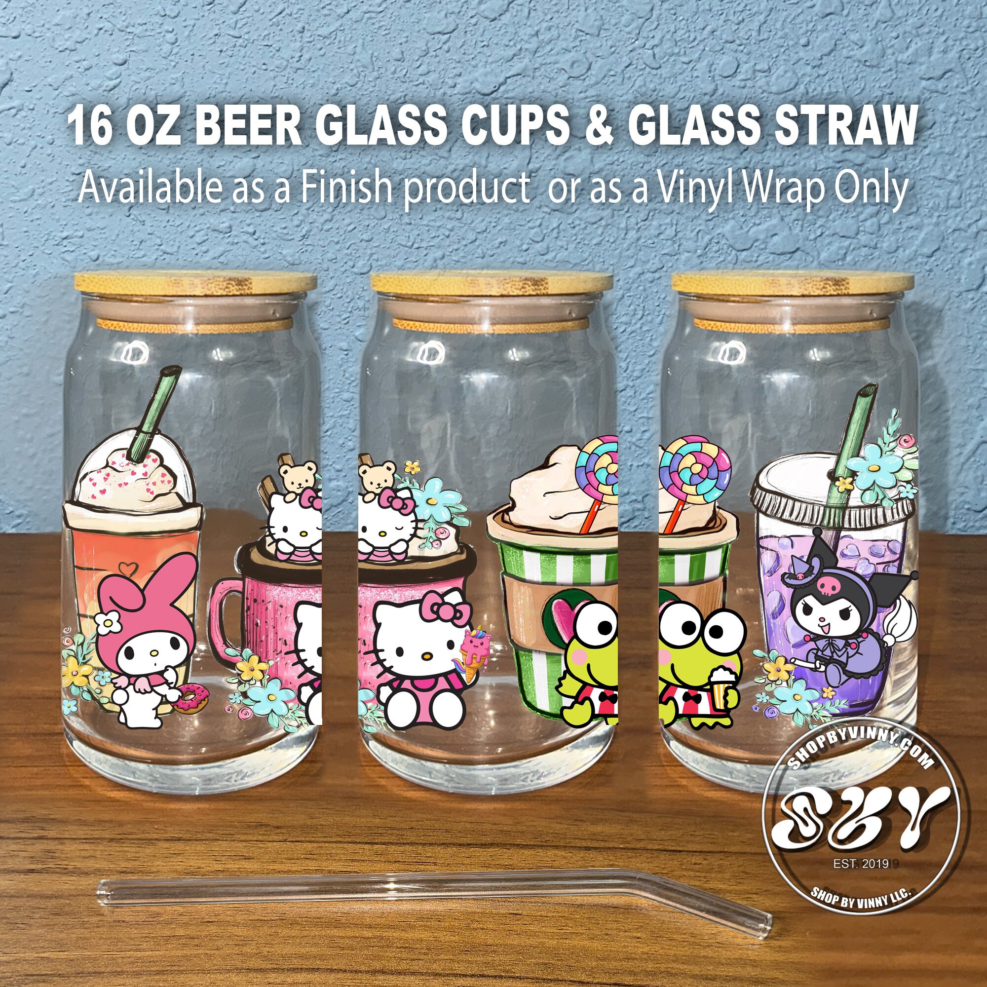 Hello Kitty Glass Cup 16oz Comes With Plastic Lid & straw
