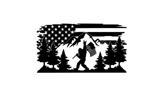 Bigfoot American Flag Mountain Tree Lined Vinyl Decal *High Quality Oracal Vinyl *Many Sizes/Colors Avail *Sasquatch Car RV Trailer Camper