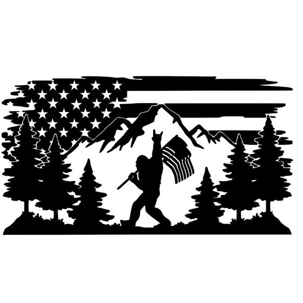 Bigfoot American Flag Mountain Tree Lined Vinyl Decal *High Quality Oracal Vinyl *Many Sizes/Colors Avail *Sasquatch Car RV Trailer Camper