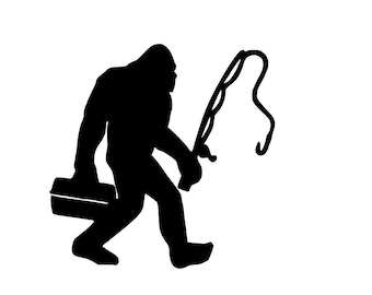 May include: A black silhouette of a Bigfoot figure holding a fishing rod and a tackle box.