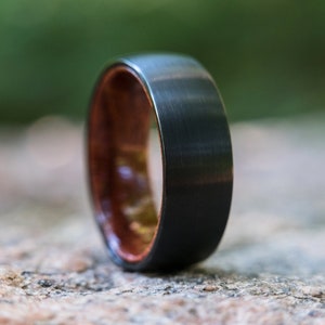 Rose Wood Wedding Band With Black Tungsten, Men's Ring, Brushed Satin Finish Tungsten Ring For Him, Mens Wood Wedding Ring