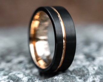 Tungsten Ring 8mm Brushed Black with Rose Gold Stripe, Engagement Ring, Mens Wedding Band, Mens Ring