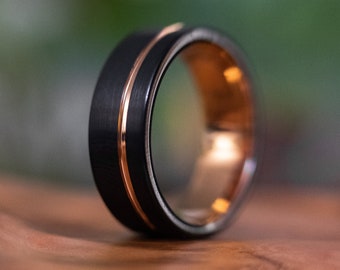 Tungsten 8mm Ring Black with Rose Gold Accent, Brushed Finish, Mens Ring, Mens Wedding Band